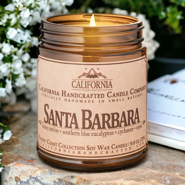 Santa Barbara Soy Wax Amber Jar Candle | Honey Melon + Southern Blue Eucalyptus + Cyclamen | 9 oz Jar - California Handcrafted