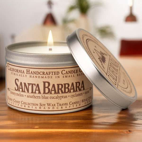 Santa Barbara Soy Wax Travel Candle | Honey Melon + Southern Blue Eucalyptus + Cyclamen | 8 oz Tin - California Handcrafted