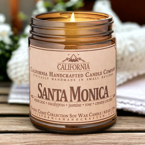 Santa Monica Soy Wax Amber Jar Candle | Lemon Zest + Eucalyptus + Jasmine | 9 oz Jar - California Handcrafted