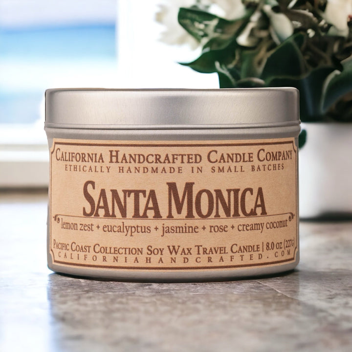 Santa Monica Soy Wax Travel Candle | Lemon Zest + Eucalyptus + Jasmine | 8 oz Tin - California Handcrafted