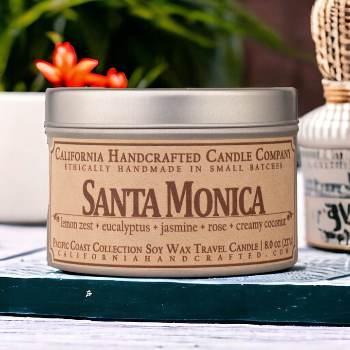 Santa Monica Soy Wax Travel Candle | Lemon Zest + Eucalyptus + Jasmine | 8 oz Tin - California Handcrafted