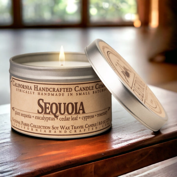 Sequoia Soy Wax Travel Candle | Giant Sequoia + Eucalyptus + Cedar Leaf | 8 oz Tin - California Handcrafted