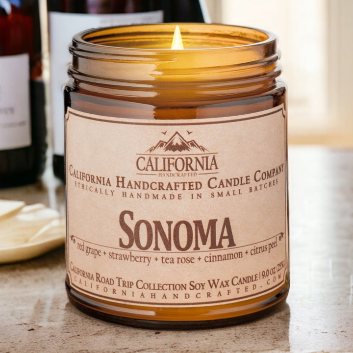 Sonoma Soy Wax Amber Jar Candle | Red Grape + Strawberry + Tea Rose | 9 oz Jar - California Handcrafted