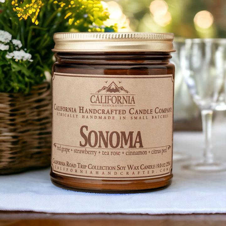 Sonoma Soy Wax Amber Jar Candle | Red Grape + Strawberry + Tea Rose | 9 oz Jar - California Handcrafted