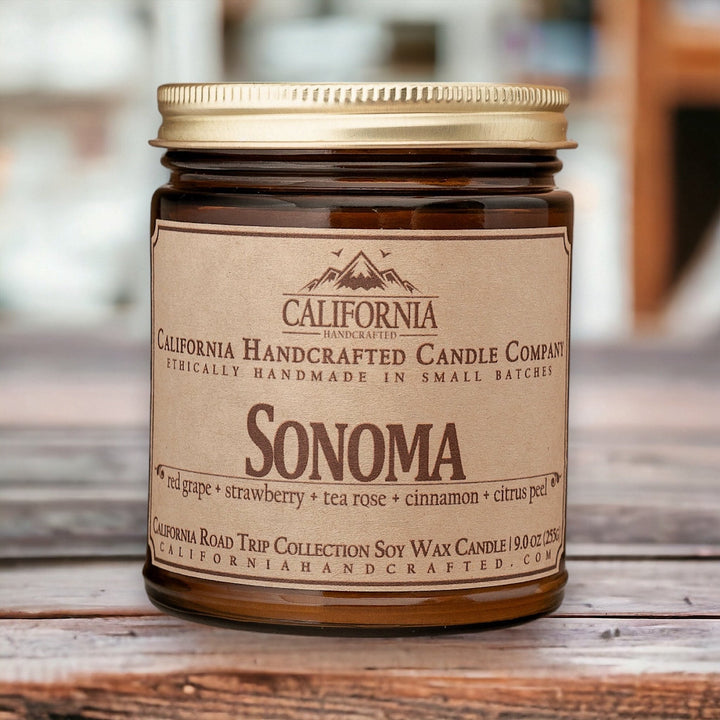 Sonoma Soy Wax Amber Jar Candle | Red Grape + Strawberry + Tea Rose | 9 oz Jar - California Handcrafted