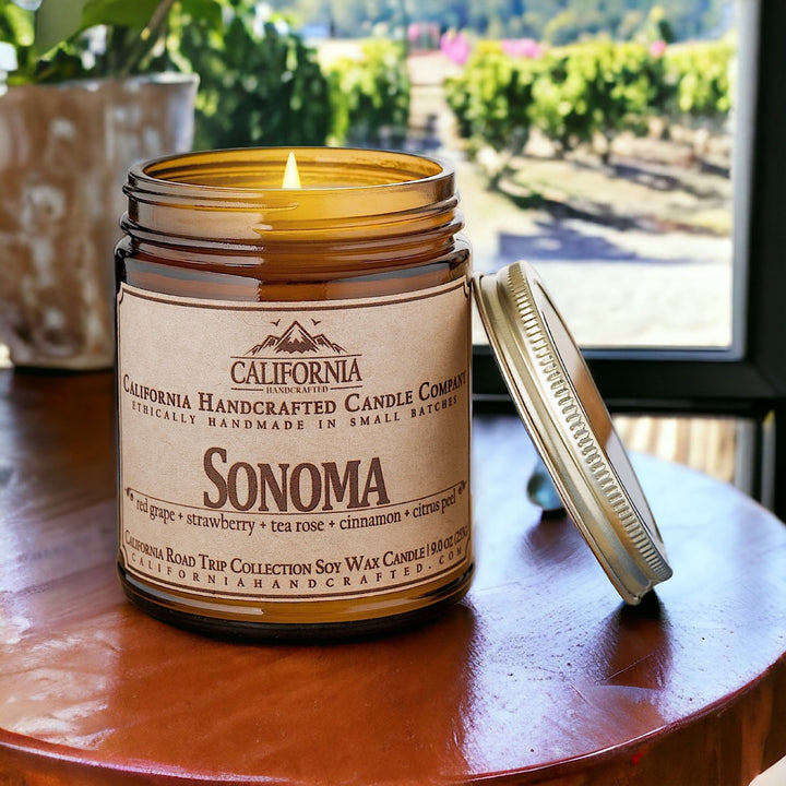 Sonoma Soy Wax Amber Jar Candle | Red Grape + Strawberry + Tea Rose | 9 oz Jar - California Handcrafted