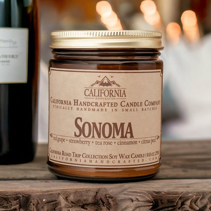 Sonoma Soy Wax Amber Jar Candle | Red Grape + Strawberry + Tea Rose | 9 oz Jar - California Handcrafted