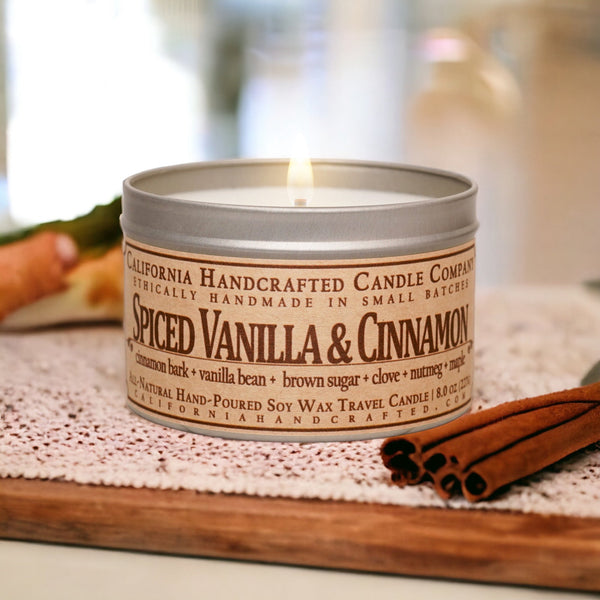 Spiced Vanilla & Cinnamon Scented Soy Wax Travel Candle | Cinnamon Bark + Vanilla Bean + Brown Sugar + Clove + Nutmeg + Maple - California Handcrafted