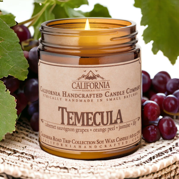 Temecula Soy Wax Amber Jar Candle | Cabernet Sauvignon Grapes + Orange Peel + Jasmine | 9 oz Jar - California Handcrafted