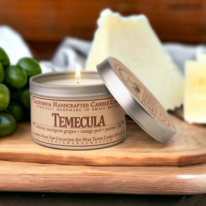 Temecula Soy Wax Travel Candle | Cabernet Sauvignon Grapes + Orange Peel + Jasmine | 8 oz Tin - California Handcrafted