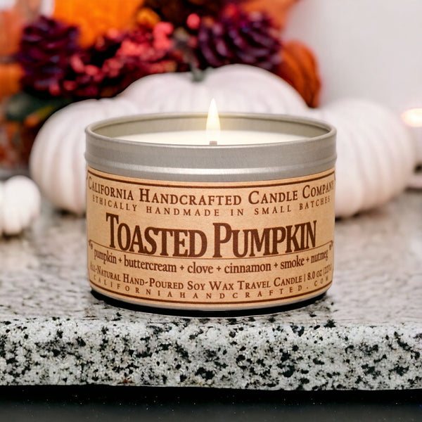 Toasted Pumpkin Scented Soy Wax Travel Candle | Pumpkin + Buttercream + Clove + Cinnamon + Smoke + Nutmeg - California Handcrafted