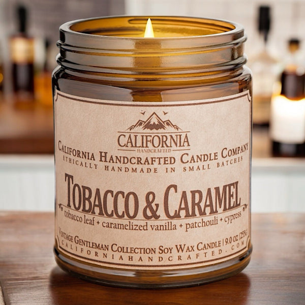 Tobacco & Caramel Soy Wax Amber Jar Candle | Tobacco Leaf + Caramelized Vanilla + Patchouli | 9 oz Jar - California Handcrafted