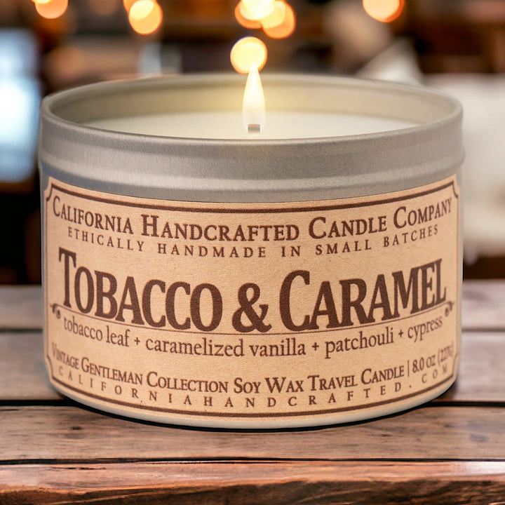 Tobacco & Caramel Soy Wax Travel Candle | Tobacco Leaf + Caramelized Vanilla + Patchouli | 8 oz Tin - California Handcrafted