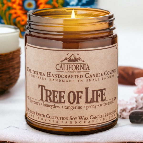 Tree of Life Soy Wax Amber Jar Candle | Bayberry + Honeydew + Tangerine | 9 oz Jar - California Handcrafted