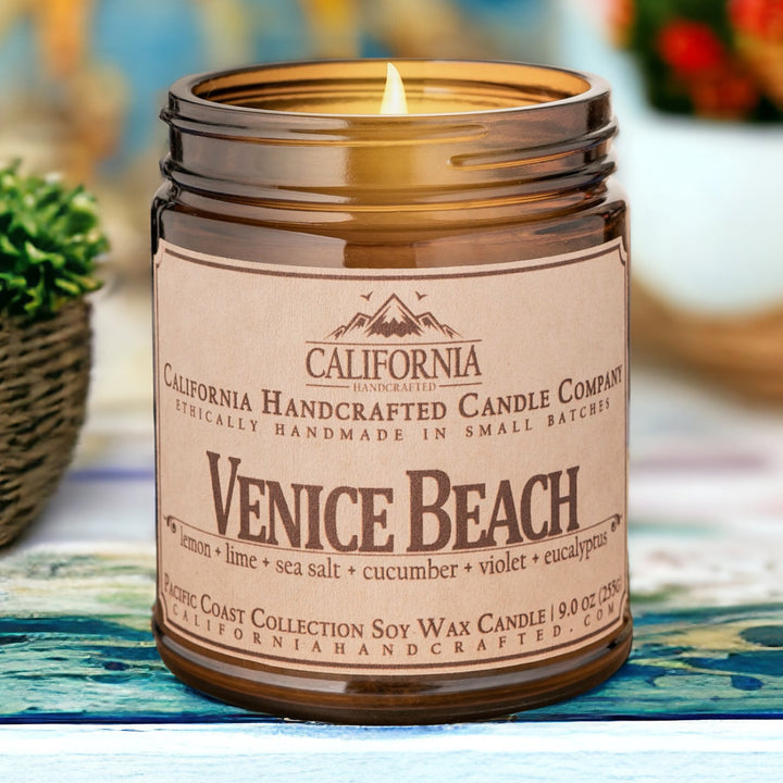 Venice Beach Soy Wax Amber Jar Candle | Lemon + Lime + Sea Salt | 9 oz Jar - California Handcrafted