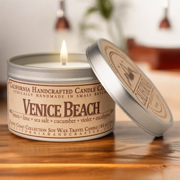 Venice Beach Soy Wax Travel Candle | Lemon + Lime + Sea Salt | 8 oz Tin - California Handcrafted