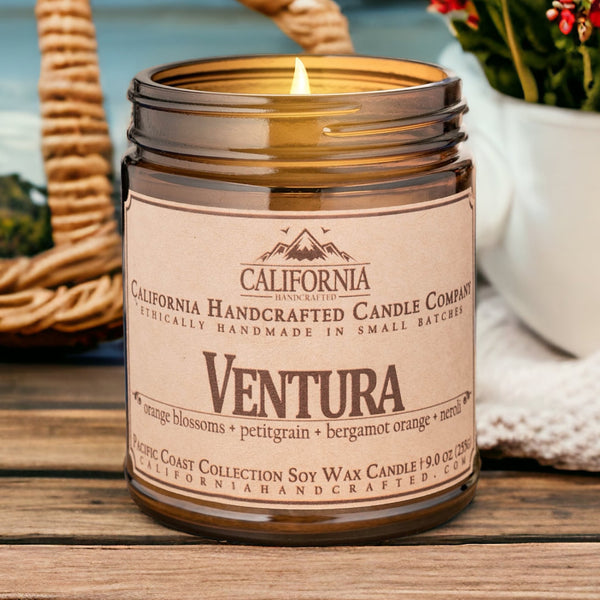 Ventura Soy Wax Amber Jar Candle | Orange Blossoms + Petitgrain + Bergamot Orange | 9 oz Jar - California Handcrafted