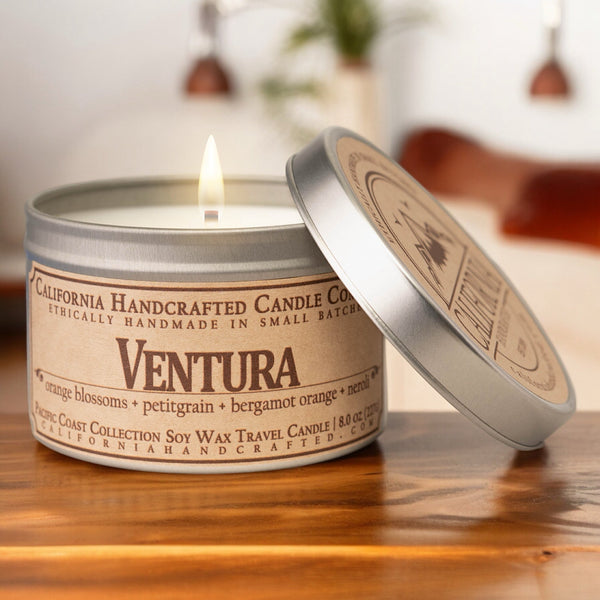 Ventura Soy Wax Travel Candle | Orange Blossoms + Petitgrain + Bergamot Orange | 8 oz Tin - California Handcrafted