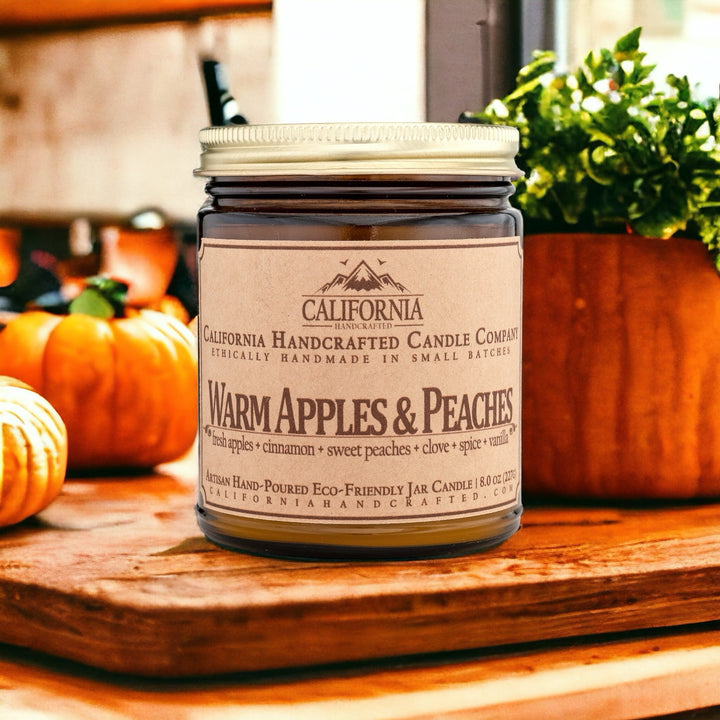 Warm Apples & Peaches Scented Soy Wax Jar Candle | Fresh Apples + Cinnamon + Sweet Peaches + Clove + Spice + Vanilla - California Handcrafted