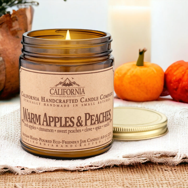 Warm Apples & Peaches Scented Soy Wax Jar Candle | Fresh Apples + Cinnamon + Sweet Peaches + Clove + Spice + Vanilla - California Handcrafted