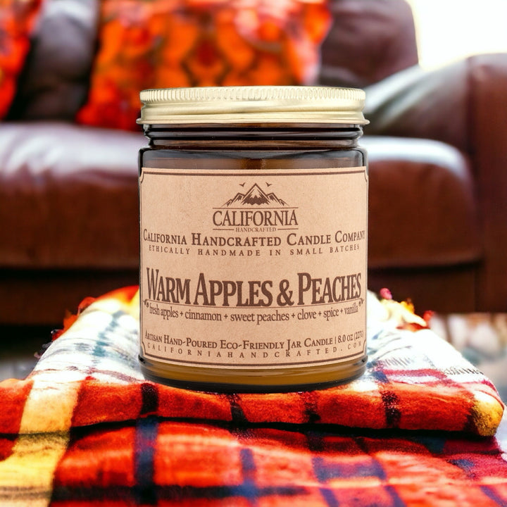 Warm Apples & Peaches Scented Soy Wax Jar Candle | Fresh Apples + Cinnamon + Sweet Peaches + Clove + Spice + Vanilla - California Handcrafted