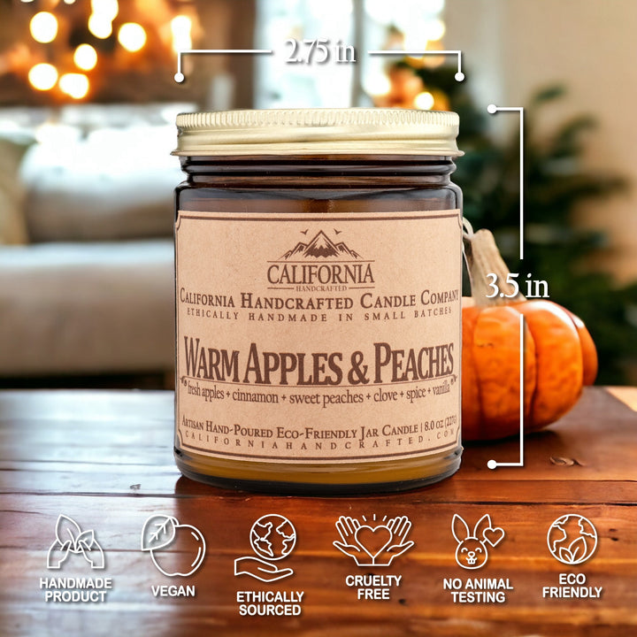 Warm Apples & Peaches Scented Soy Wax Jar Candle | Fresh Apples + Cinnamon + Sweet Peaches + Clove + Spice + Vanilla - California Handcrafted