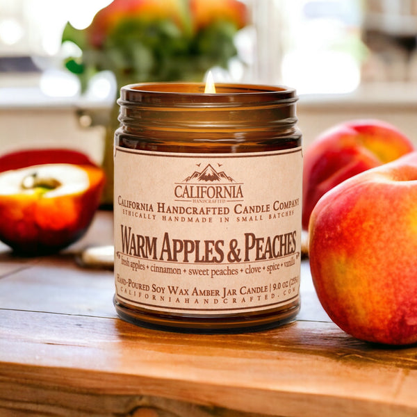 Warm Apples & Peaches Scented Soy Wax Jar Candle | Fresh Apples + Cinnamon + Sweet Peaches + Clove + Spice + Vanilla - California Handcrafted