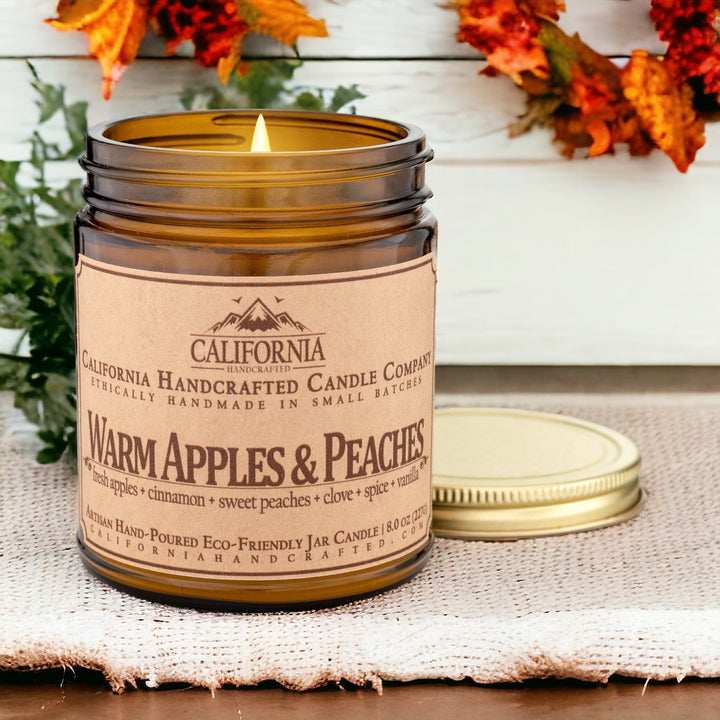 Warm Apples & Peaches Scented Soy Wax Jar Candle | Fresh Apples + Cinnamon + Sweet Peaches + Clove + Spice + Vanilla - California Handcrafted