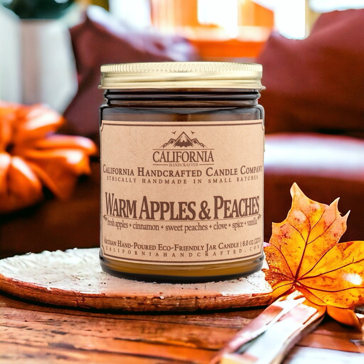 Warm Apples & Peaches Scented Soy Wax Jar Candle | Fresh Apples + Cinnamon + Sweet Peaches + Clove + Spice + Vanilla - California Handcrafted