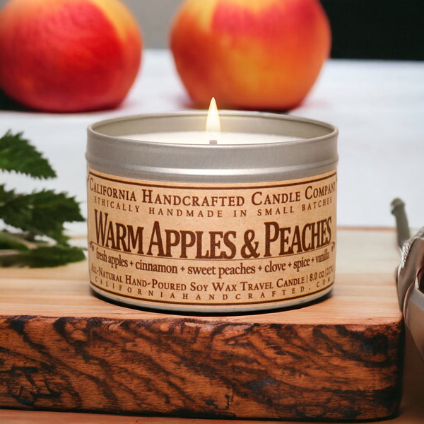 Warm Apples & Peaches Scented Soy Wax Travel Candle | Fresh Apples + Cinnamon + Sweet Peaches + Clove + Spice + Vanilla - California Handcrafted