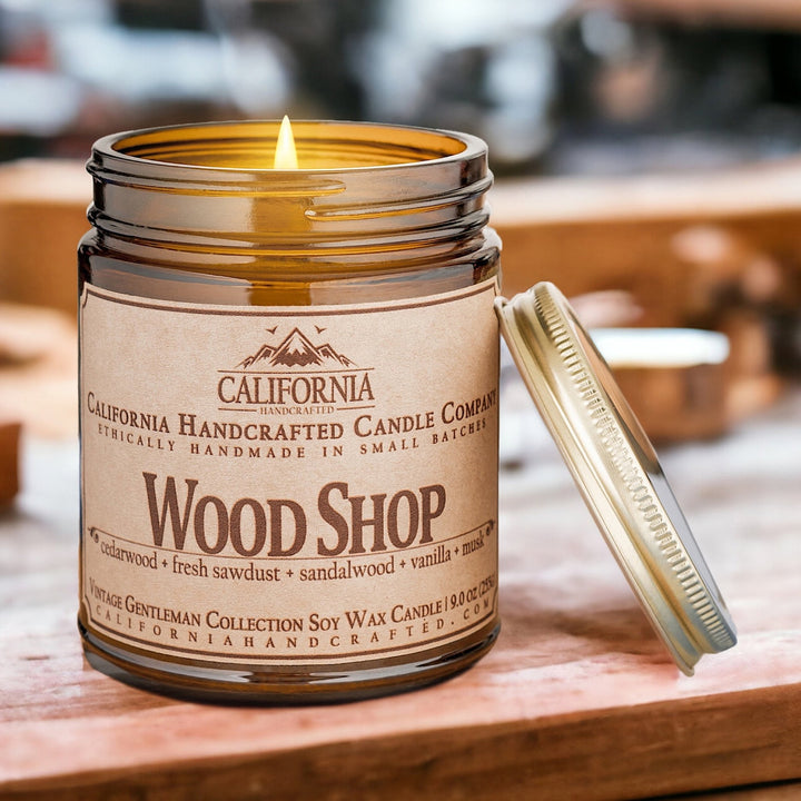 Wood Shop Soy Wax Amber Jar Candle | Cedarwood + Fresh Sawdust + Sandalwood | 9 oz Jar - California Handcrafted