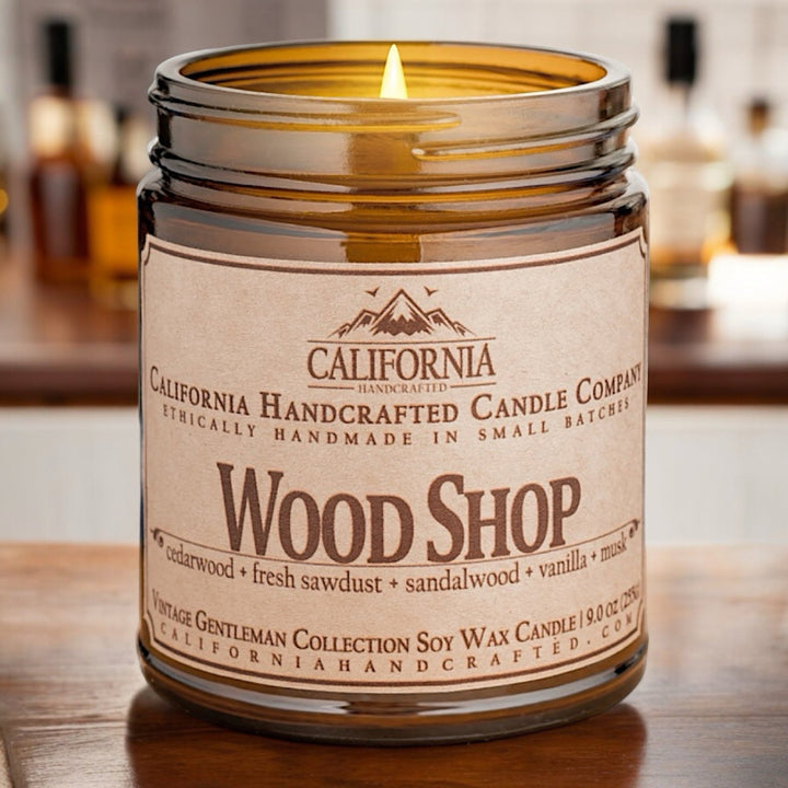 Wood Shop Soy Wax Amber Jar Candle | Cedarwood + Fresh Sawdust + Sandalwood | 9 oz Jar - California Handcrafted