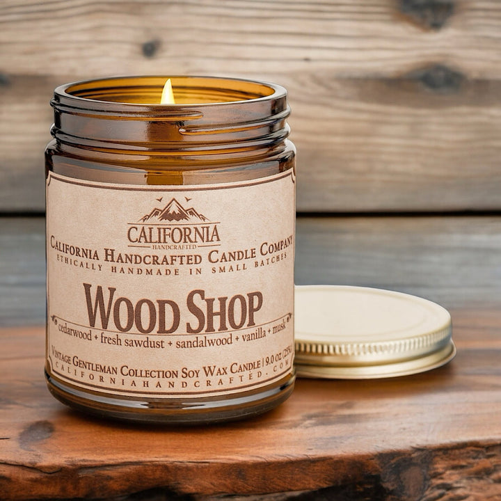 Wood Shop Soy Wax Amber Jar Candle | Cedarwood + Fresh Sawdust + Sandalwood | 9 oz Jar - California Handcrafted