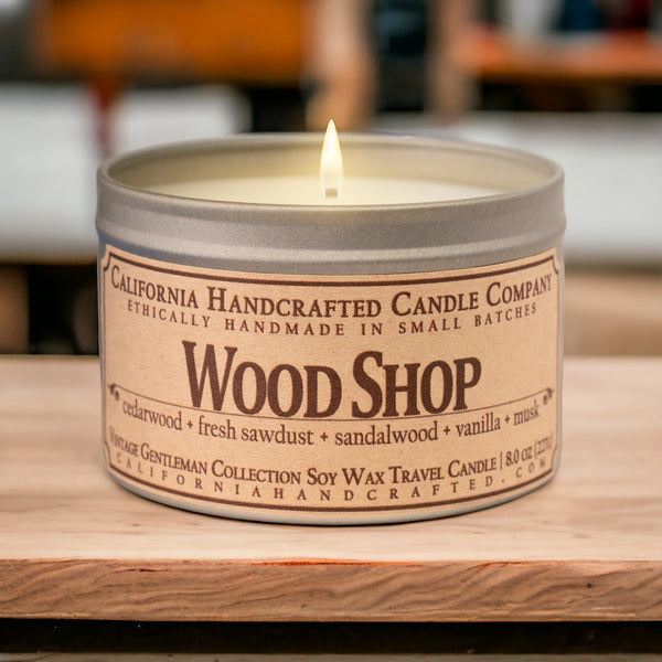 Wood Shop Soy Wax Travel Candle | Cedarwood + Fresh Sawdust + Sandalwood | 8 oz Tin - California Handcrafted