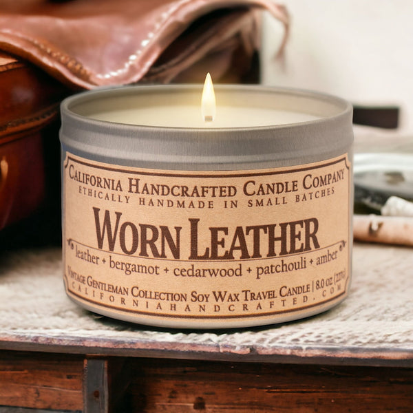 Worn Leather Soy Wax Travel Candle | Leather + Cedarwood + Birch Tar | 8 oz Tin - California Handcrafted