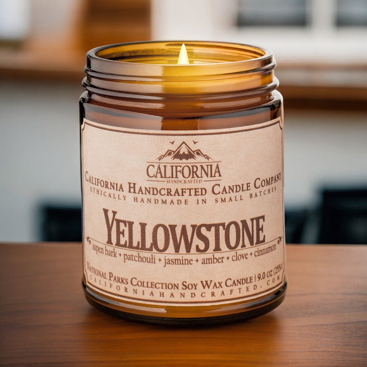 Yellowstone Soy Wax Amber Jar Candle | Aspen Bark + Patchouli + Jasmine | 9 oz Jar - California Handcrafted