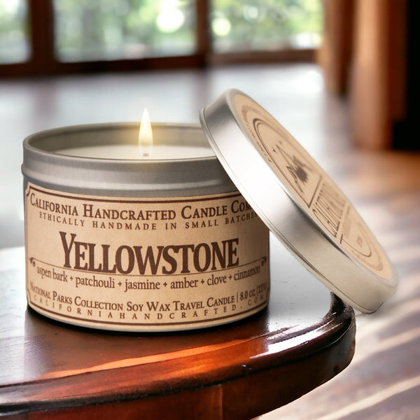 Yellowstone Soy Wax Travel Candle | Aspen Bark + Patchouli + Jasmine | 8 oz Tin - California Handcrafted