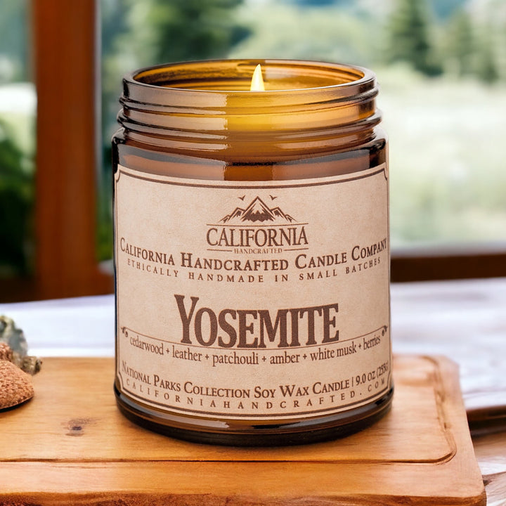 Yosemite Soy Wax Amber Jar Candle | Cedarwood + Leather + Patchouli | 9 oz Jar - California Handcrafted