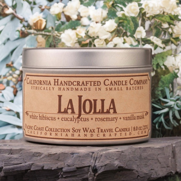 La Jolla Soy Wax Travel Candle | White Hibiscus  +  Eucalyptus  +  Rosemary  | 8 oz Tin