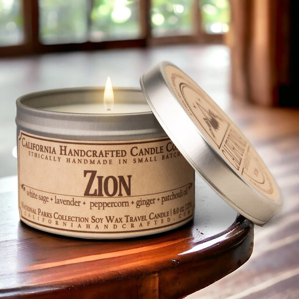 Zion Soy Wax Travel Candle | White Sage + Lavender + Peppercorn | 8 oz Tin - California Handcrafted