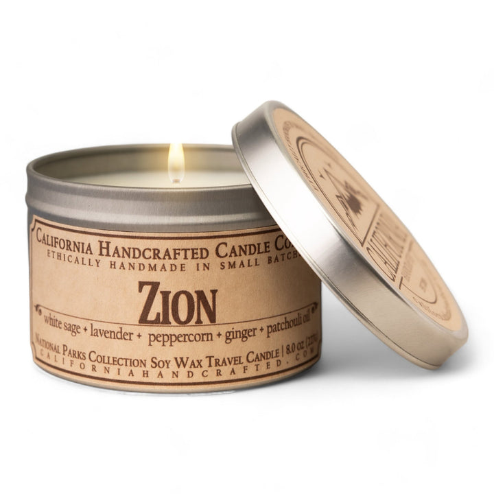 Zion Soy Wax Travel Candle | White Sage + Lavender + Peppercorn | 8 oz Tin - California Handcrafted